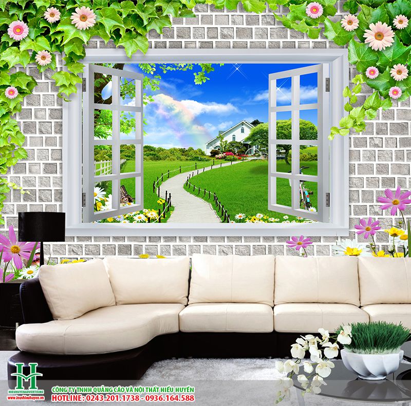 tranh dán tường cửa sổ thiên nhiên cho phòng khách đẹp 